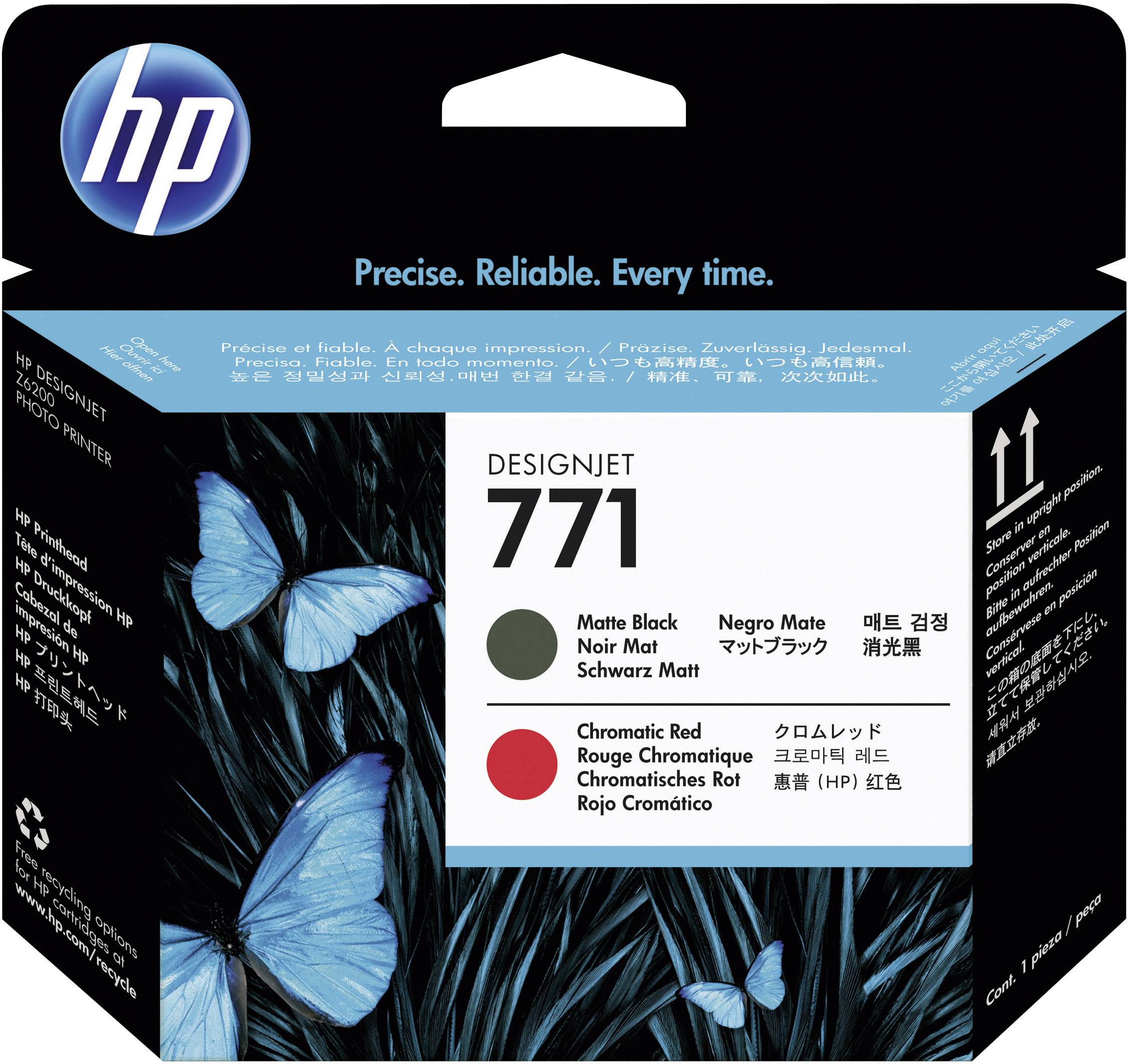 Obal inkoustové kazety HP Designjet 771. Obsahuje černý a červený inkoust. Obrázky modrých motýlů.