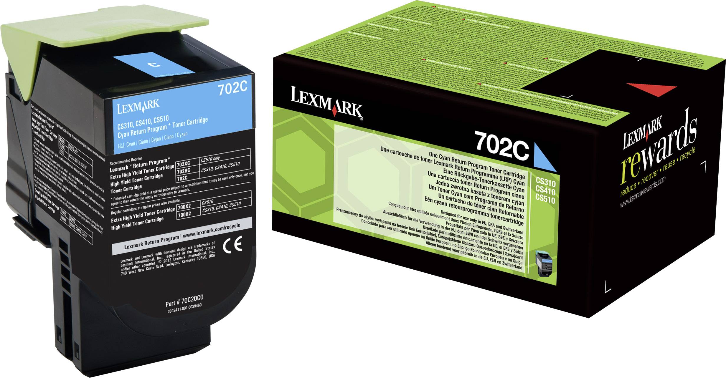 Černá tonerová kazeta Lexmark a její obal s nápisem 'Lexmark 702C'. Obal klade důraz na udržitelnost.
