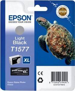 Krabička inkoustových patron EPSON Light Black T1577 XL s obrázkem mořské želvy a čárovým kódem vpravo dole.