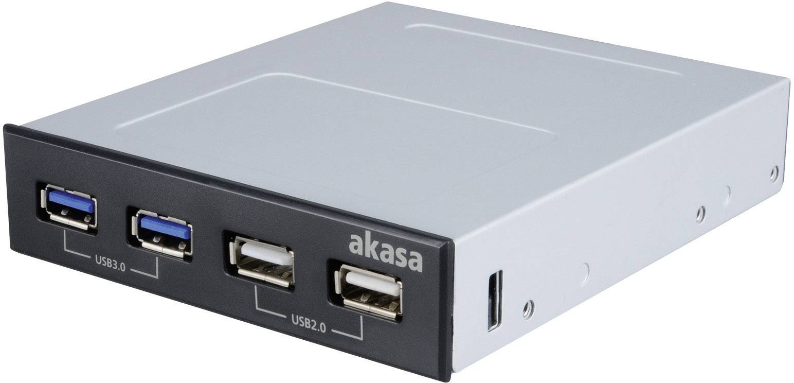 Externí počítačová skříň od společnosti Akasa se čtyřmi USB porty na přední straně, z toho dva USB 3.0 a dva USB 2.0.