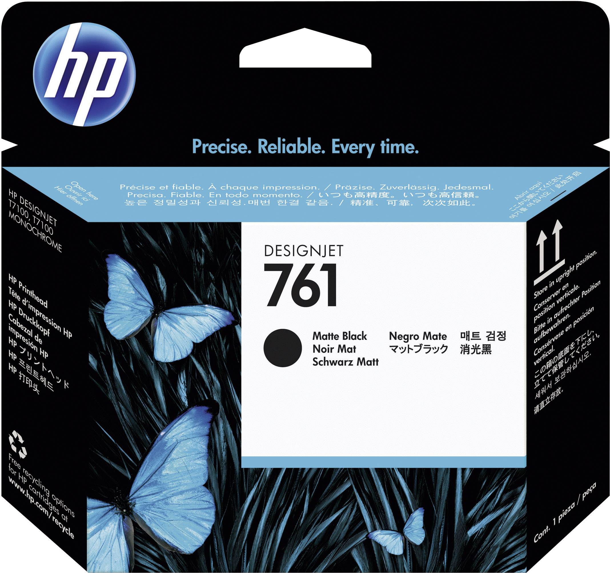 Tonerová kazeta HP DesignJet 761 v matně černé barvě. Balení ozdobené modrými motýly. Text: 'Přesně. Spolehlivě. Pokaždé.'