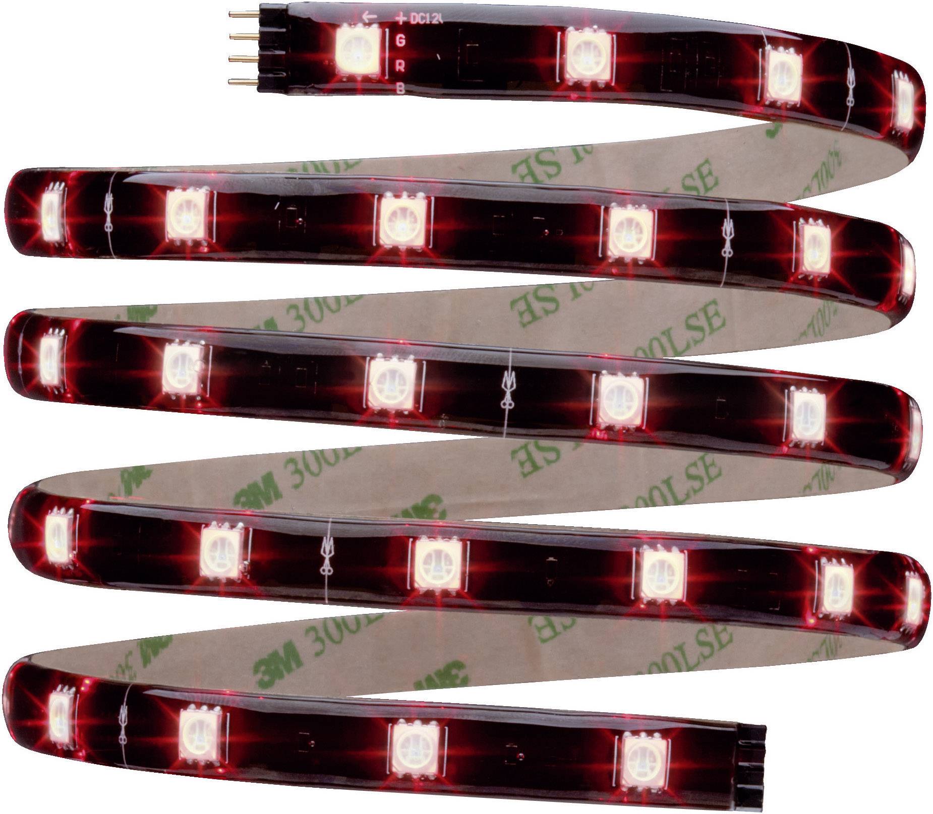 Flexibilní LED pásek s červenými svítícími diodami a zlatými kontakty.
