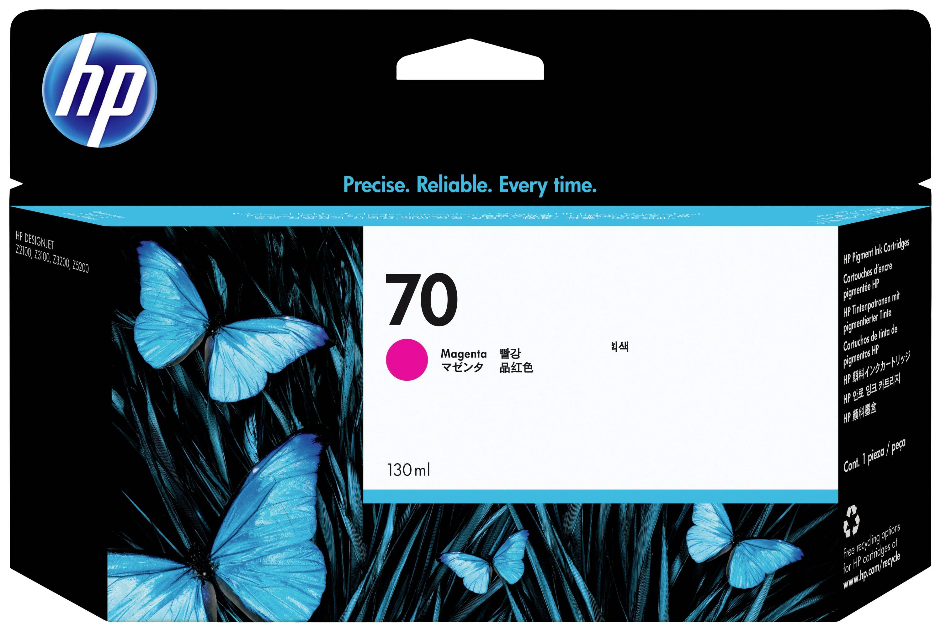 HP inkoustová kazeta 70 v barvě Magenta, 130 ml, balení s modrým motivem motýla a nápisem 'Přesně. Spolehlivě. Pokaždé.'