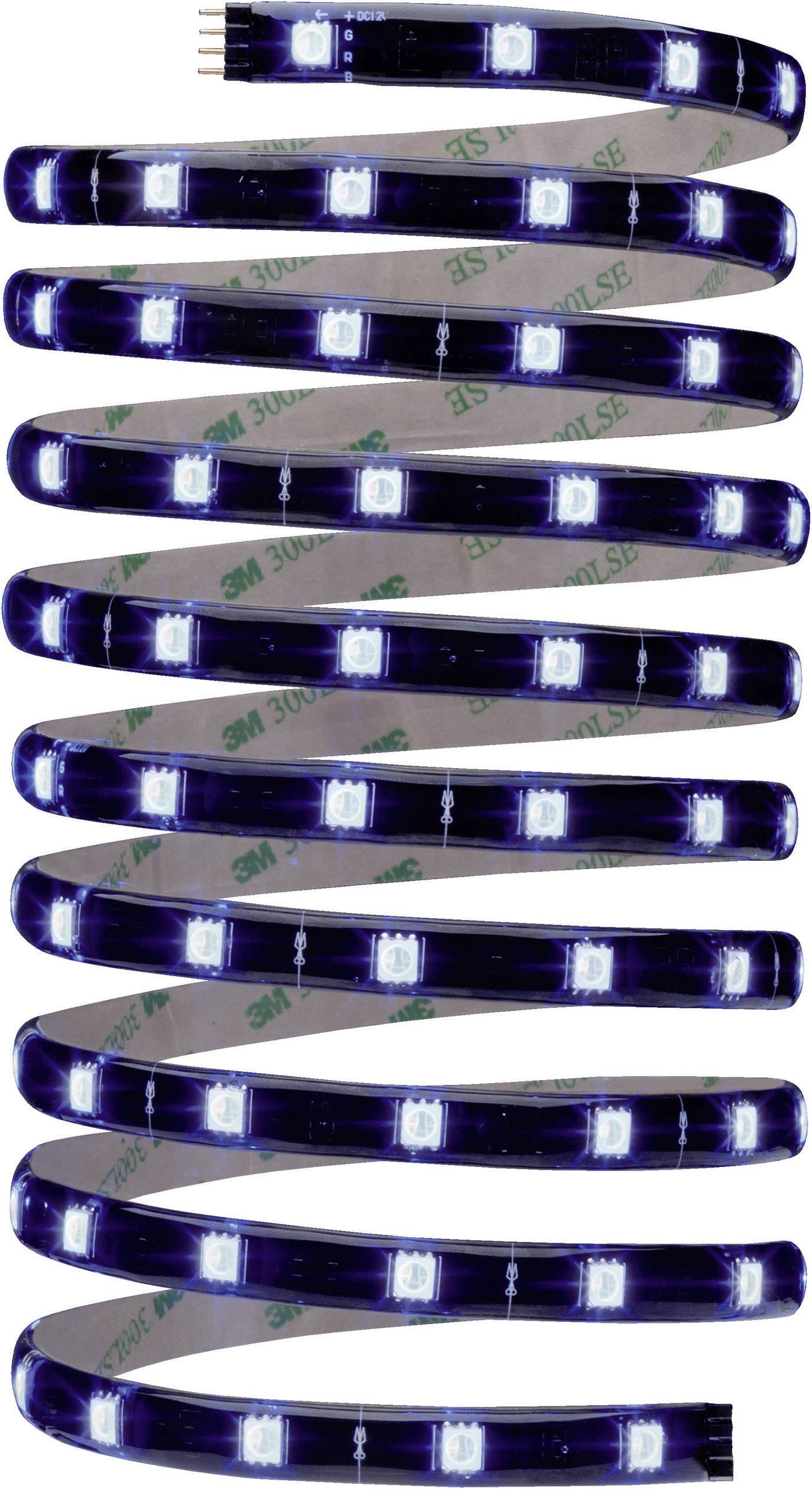 Černý LED pásek s pravidelně rozmístěnými svítícími bílými LED diodami, stočený do tvaru písmene S. Na zadní straně má zelený 3M lepicí pásek.