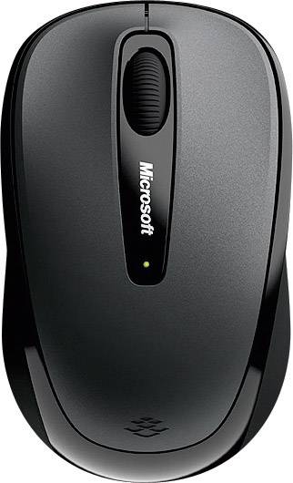 Černá bezdrátová počítačová myš seScrollem a logem známé technologické společnosti.