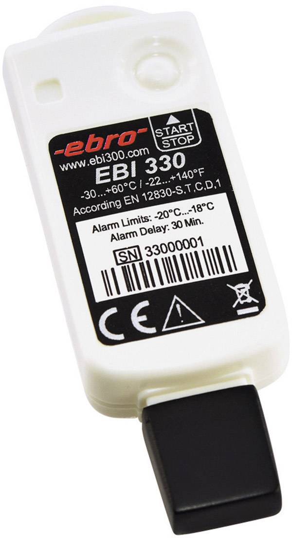 Teplotní datalogger 'EBI 330', bílý, s tlačítkem START/STOP a sériovým číslem '33000001', měří teplotu od -30°C do +60°C.