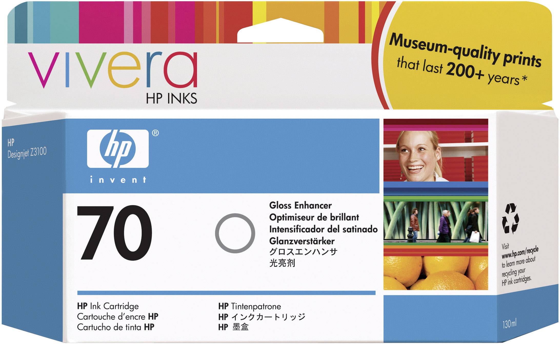 HP 70 inkoustová kazeta pro živé, muzejní tisky s trvanlivostí přes 200 let. Obsahuje lesk zvyšující přísadu.