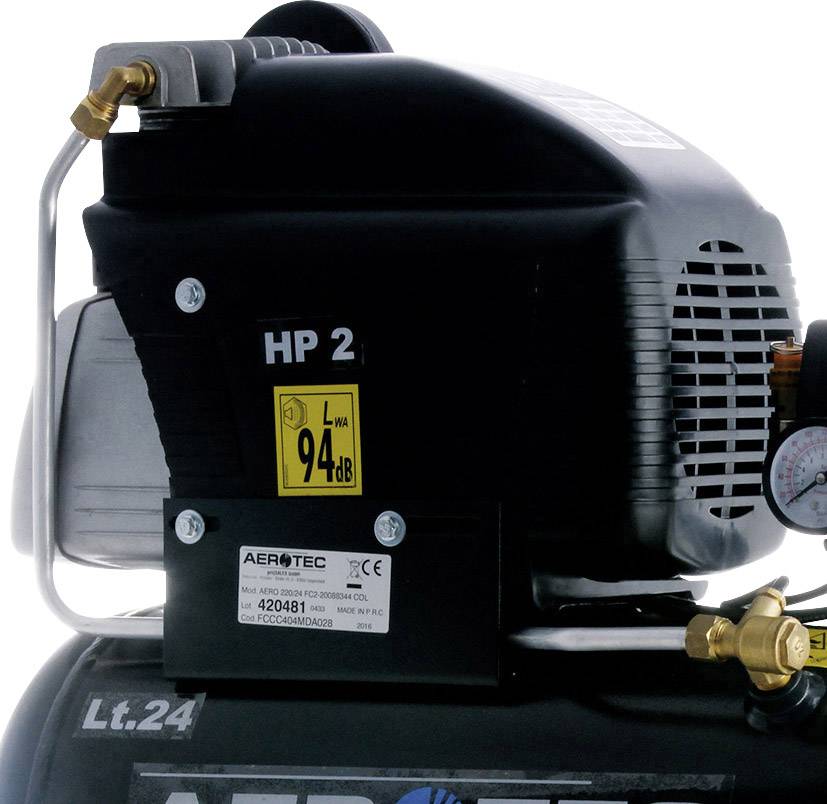 Černý kompresor se vzduchovým pohonem s tlakoměrem, model 'HP 2', hladina hlučnosti 94 dB, zlaté a stříbrné přípojky, kovový štítek s technickými údaji.