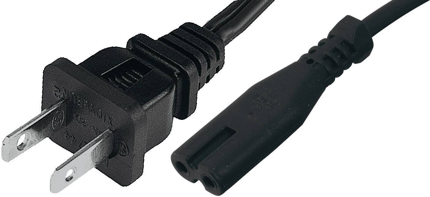 Černý síťový kabel s dvoupólovým americkým zástrčkou vlevo a dvoupólovou zásuvkou vpravo.