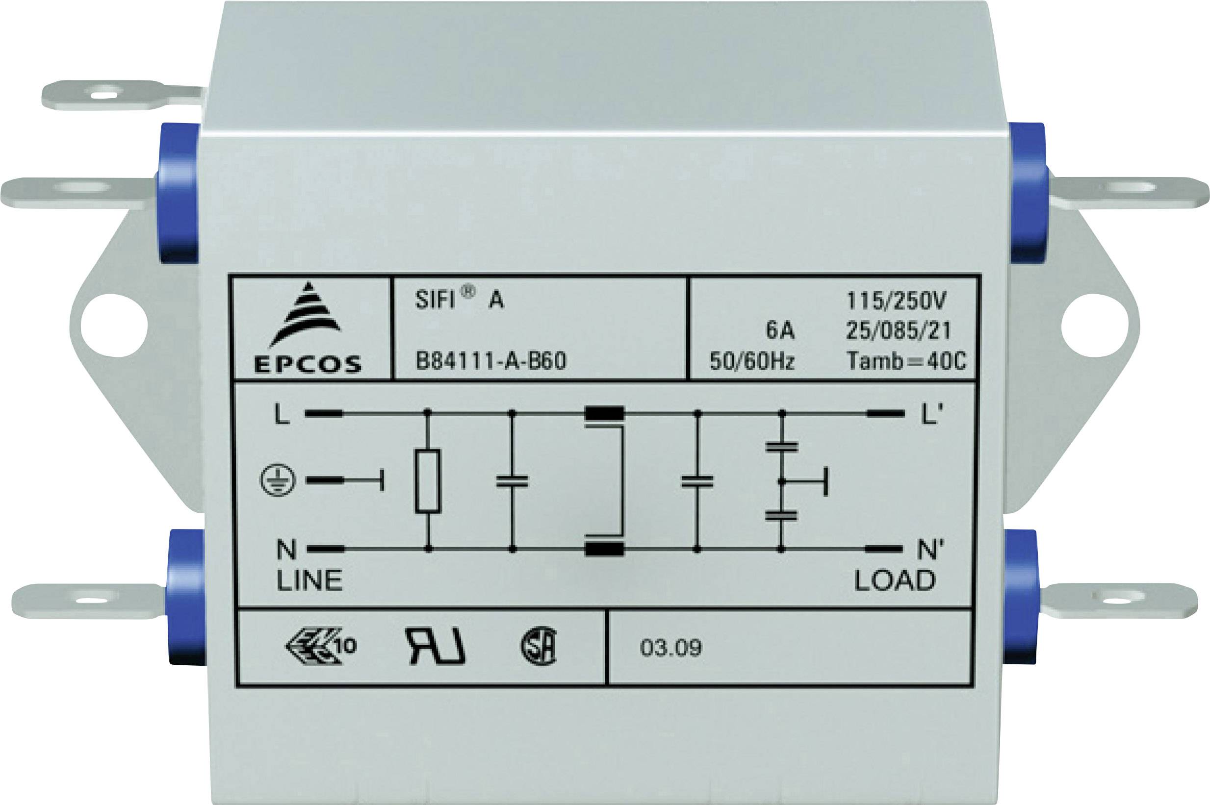 DIN lišta filtr potlačení rušení s technickými specifikacemi: 115/250V, 6A, 50/60Hz, pro teploty do 40°C. Epcos, model B84111-A-B60.