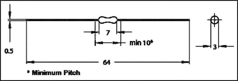 Diagram zobrazuje pohled shora s rozměry: šířka 64, rozestup 7, minimální rozestup 10, výška 0,5, boční rozestup 3.