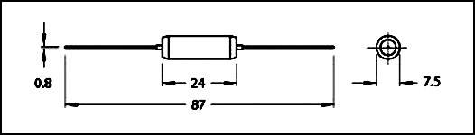 Diagram elektronické součástky s rozměry: celková délka 87 mm, šířka 0,8 mm, průměr konce 7,5 mm, centrální jednotka 24 mm.