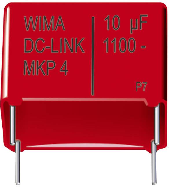 Červený kondenzátor WIMA DC-LINK MKP 4, 10 µF, 1100 V. Vhodný pro elektronické aplikace s vysokým napětím.