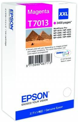 Inkoustová cartridge Epson T7013 XXL, purpurová, až pro 3 400 stran. Kompatibilní s modely WorkForce Pro WP-4015/02/05/35. S pyramidovým obrázkem.