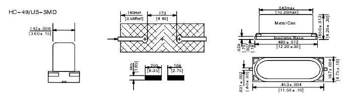 Schéma zapojení pro SMD součástku HC-49/US-SMD s rozměry, konfigurací pinů a mechanickým rozvržením.