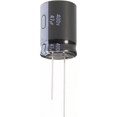 Černý elektrolytický kondenzátor s nápisem '400V' a '47µF' se dvěma vyčnívajícími vývody.