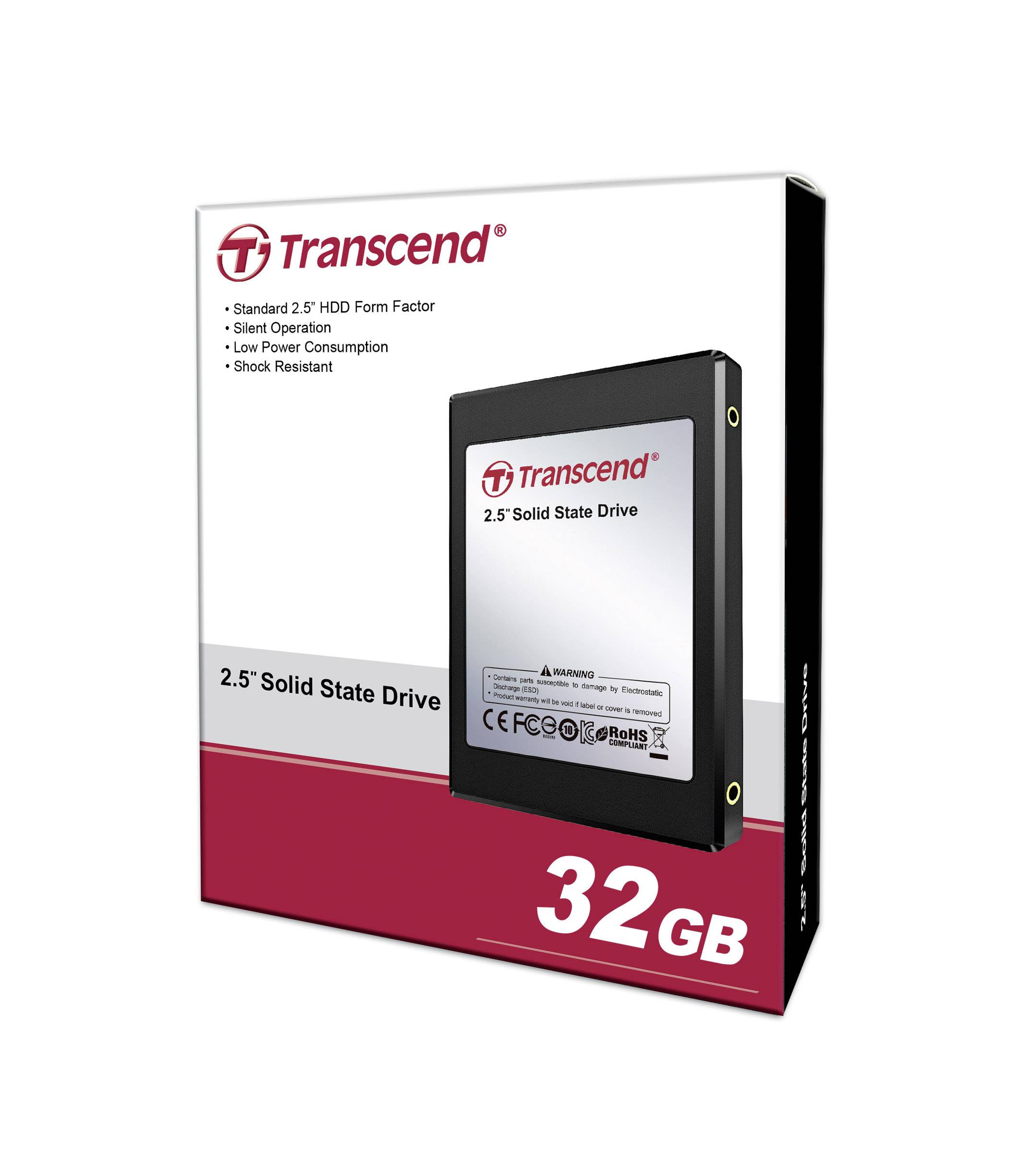 Balení pro Transcend 2,5palcový SSD disk o kapacitě 32 GB. Hlavní charakteristiky jsou: nízká spotřeba energie, tichý provoz, odolnost proti nárazům.