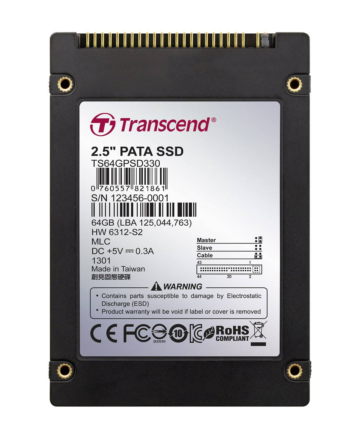 Pevný disk od Transcendu, 2,5 palcový PATA SSD, 64GB kapacita. Model TS64GPSD330 z Tchaj-wanu, sériové číslo 123456-0001.