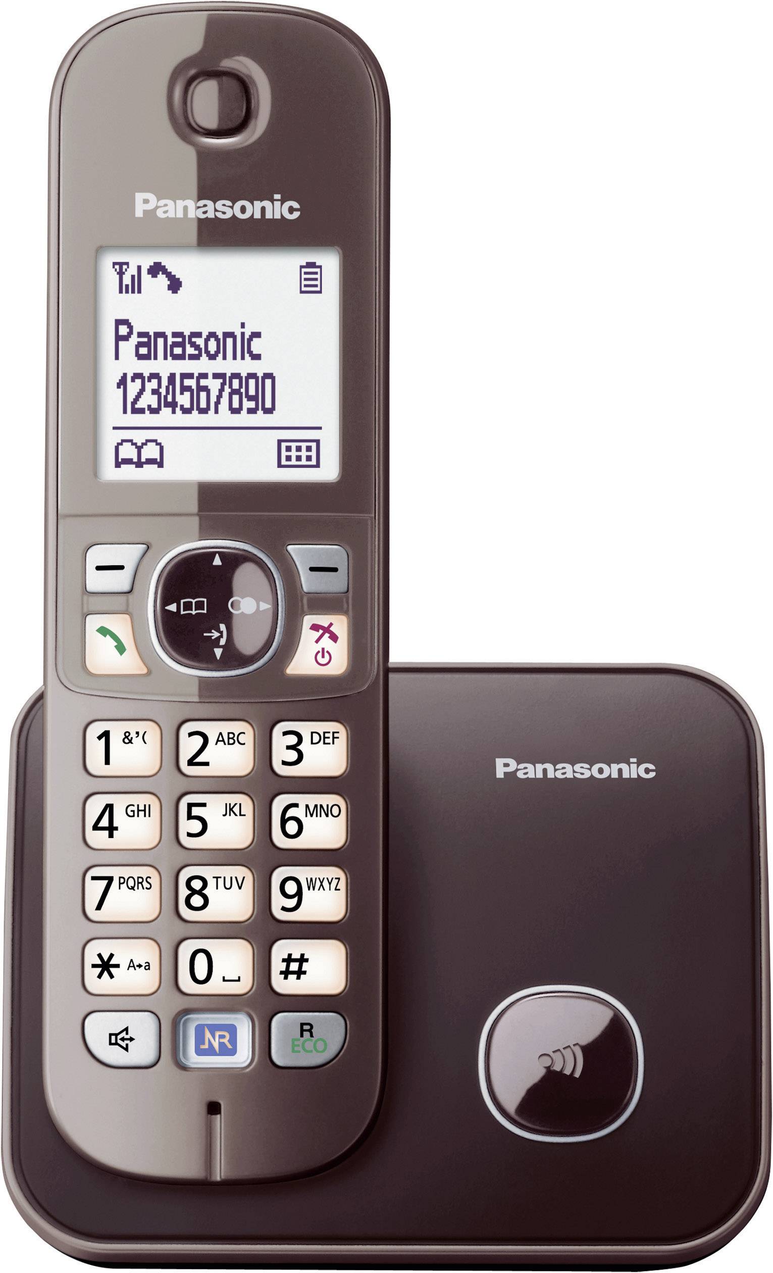 Bezdrátový stolní telefon s displejem, zobrazuje 'Panasonic 1234567890', tlačítko pro zavěšení sluchátka, dobíjecí základna s logem Panasonic.