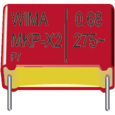 Červený kondenzátor s nápisem 'WIMA MKP-X2 0,68 275~ P7'.