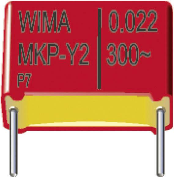 Červený kondenzátor WIMA MKP-Y2 s nápisem: 0,022, 300~.