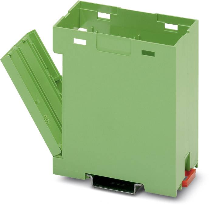 Zelený plastový kryt s odnímatelným víkem, vhodný pro elektronická zařízení, s viditelnými otvory pro větrání a přístup kabelů.