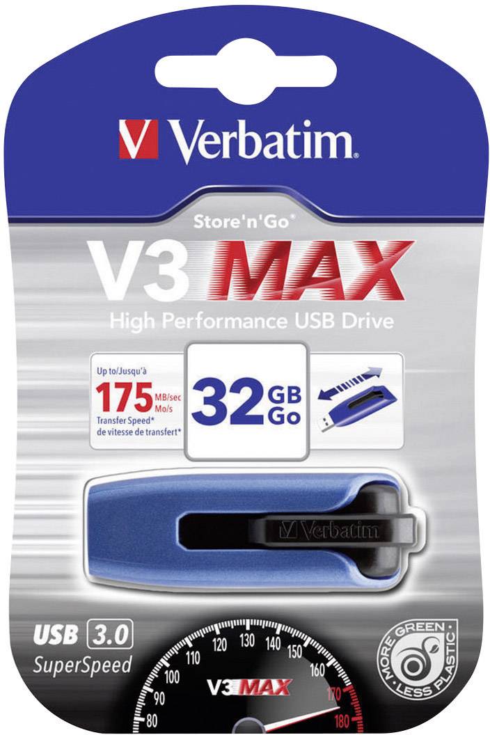 Verbatim V3 MAX USB flash disk, 32GB, USB 3.0, přenos až 175 MB/s, modrý. Vysoký výkon a šetrný k životnímu prostředí.