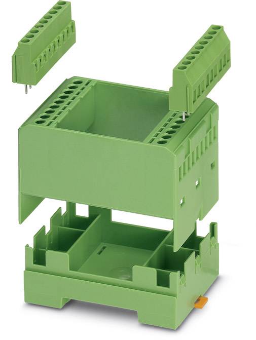Zelený elektronický kryt v modulárním designu, skládající se z několika vrstvitelných komponent, určený pro montáž desek plošných spojů.