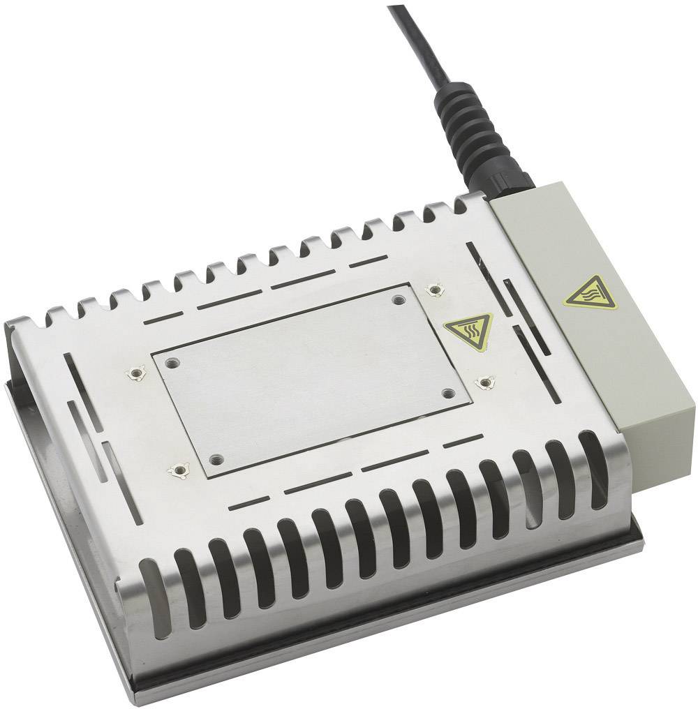 Kompaktní stříbrná elektronická komponenta s kabelem, používaná pro chlazení nebo odvod tepla, s viditelnou bezpečnostní výstrahou.