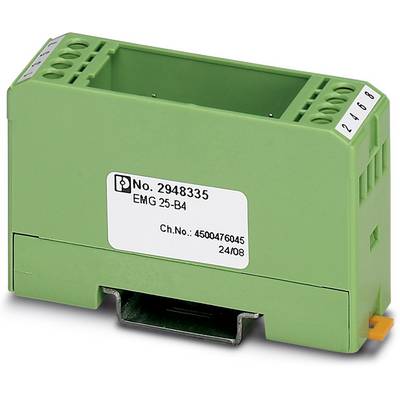 Zelený elektronický kryt pro montáž na lištu DIN, s nápisem 'č. 2948335 EMG 25-B4 Č.série 4500476045 24/08'.
