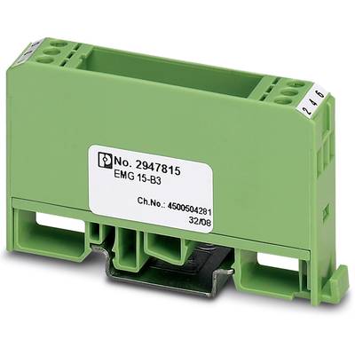Zelená elektronická součástka s nápisem 'No. 2947815 EMG 15-B3', namontovaná na kovovém držáku.