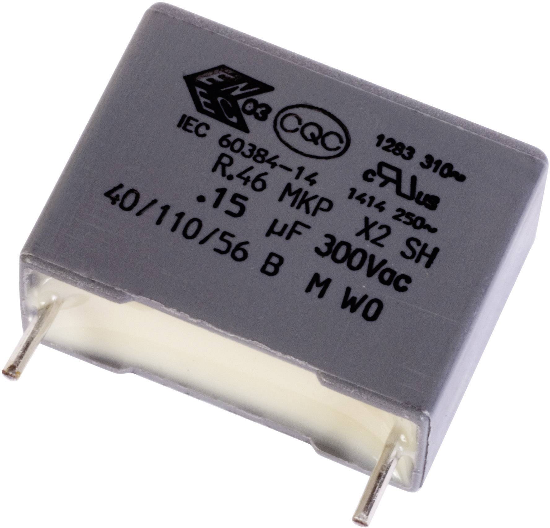 Elektronický kondenzátor, šedý, obdélníkový, s nápisem 'IEC 60384-14', '300Vac', dva kovové vývody na spodní straně.