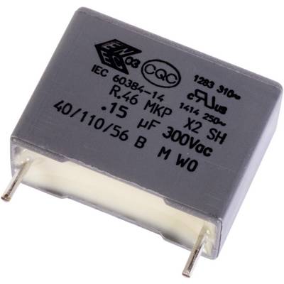 Elektronický kondenzátor, šedý, obdélníkový, s nápisem 'IEC 60384-14', '300Vac', dva kovové vývody na spodní straně.