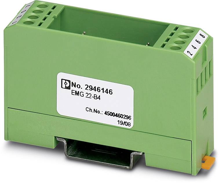 Zelené elektronické zařízení s několika vstupy, na kterém je nápis „č. 2946146 EMG 22-B4". Má sériové číslo a je namontováno na kolejnici.
