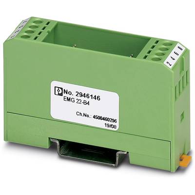 Zelené elektronické zařízení s několika vstupy, na kterém je nápis „č. 2946146 EMG 22-B4". Má sériové číslo a je namontováno na kolejnici.