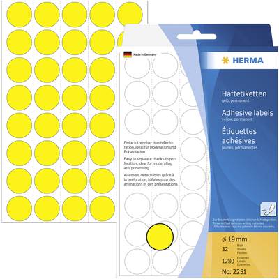 Arch samolepicích etiket se 32 žlutými kulatými štítky od firmy Herma, průměr 19 mm. Obal zobrazuje detaily produktu v několika jazycích.