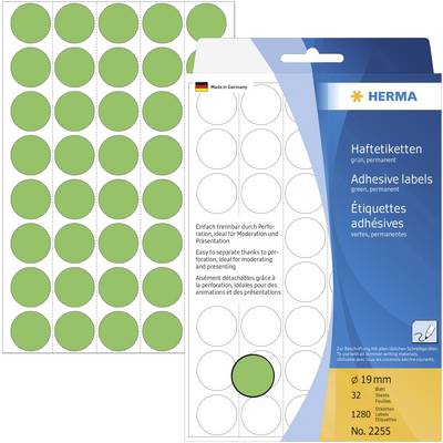 Zelené, kulaté, permanentní štítky Herma, 32 štítků, průměr 19 mm, ideální pro označování a organizaci.