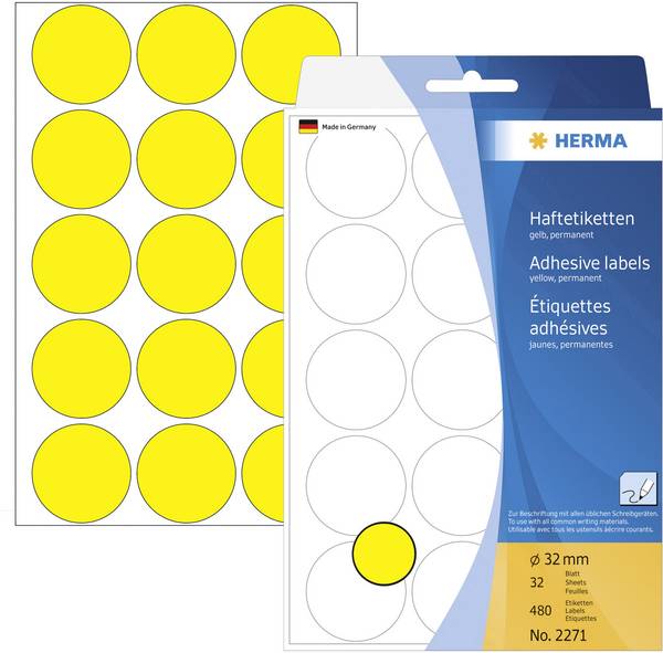 Herma 2271 popisovače etiket Ø 32 mm žlutá 480 ks trvalé papír