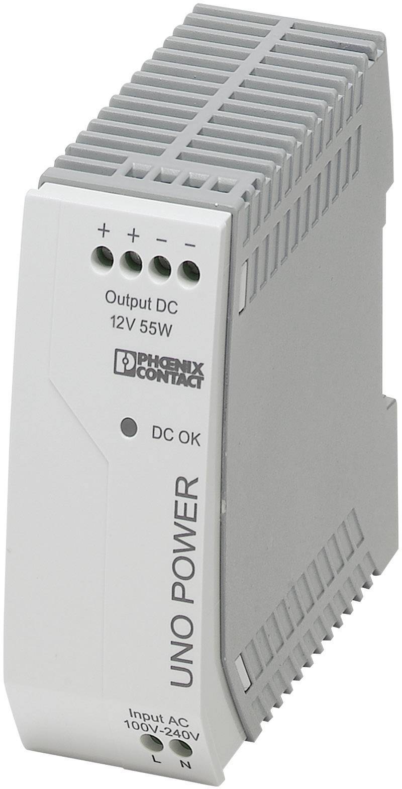 Šedý napájecí modul značky Phoenix Contact s nápisem 'UNO POWER' a 'Output DC 12V 55W', vhodný pro vstupní napětí 100-240V AC.