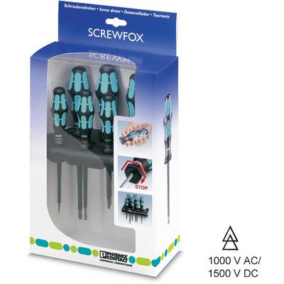 Balení čtyř šroubováků značky 'Screwfox' s ergonomickými rukojeťmi. Vhodné pro 1000 V AC/1500 V DC.