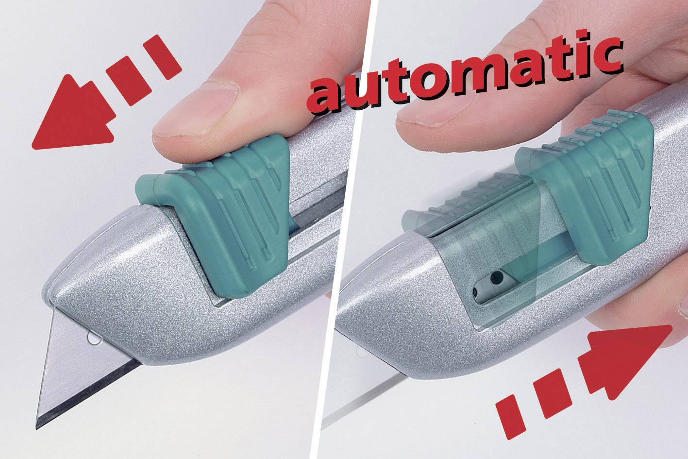 Prsty tlačí na zelený výsuv stříbrného řezáku. Text 'automatic' ukazuje samočinné zasunutí čepele.