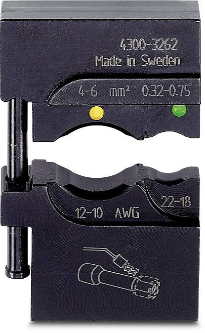 Nástroj pro zpracování kabelů, vyrobený ve Švédsku, s rozměry 4-6 mm², 0,32-0,75 AWG 22-18, 12-10 a obrázkem kabelového spoje.