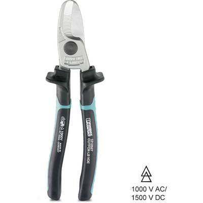 Izolovaný kabelový střihač s modrými rukojeťmi, vhodný pro 1000 V AC a 1500 V DC, určený pro bezpečnou práci s kabely a vodiči.