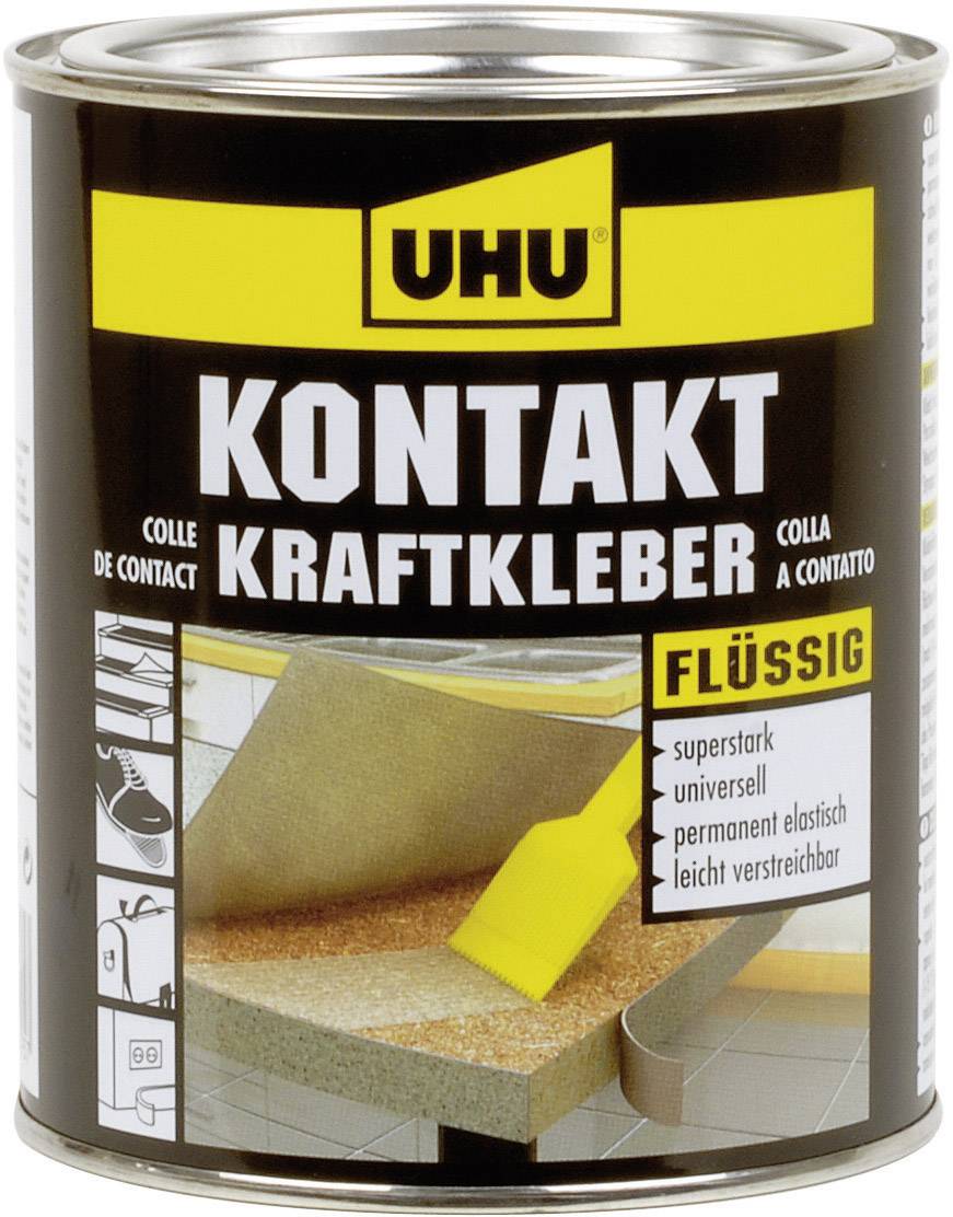'Kontakt Kraftkleber' od UHU, tekutý. Super silný, univerzální, trvale pružný, snadno roztíratelný. Přední strana obalu.