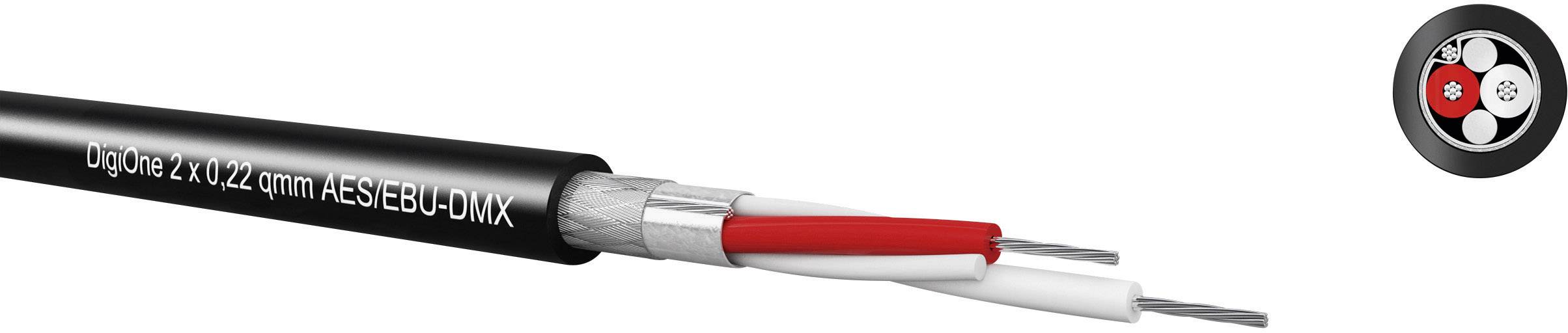 Kabel s černým pláštěm a několika vnitřními vodiči, které se používají v audiotechnice. Potisk: 'Digitální 2 x 0,24 mm² AES/EBU-DMX'.