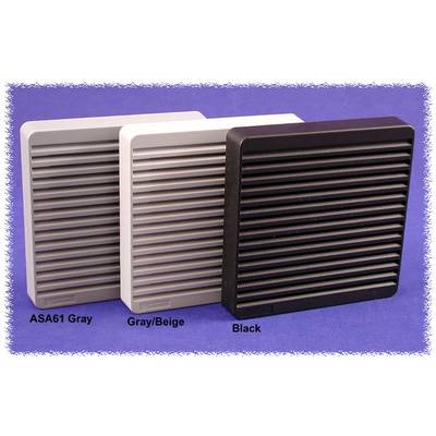 Tři čtvercové ventilační mřížky v šedé, béžové a černé barvě vedle sebe na fialovém pozadí. Barvy jsou ASA61 šedá, šedo/béžová, černá.