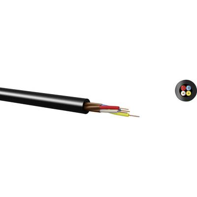 Černý kabel s viditelnými barevnými vodiči v hnědé, modré, žluté a bílé barvě odhaluje vnitřní strukturu kabelu.