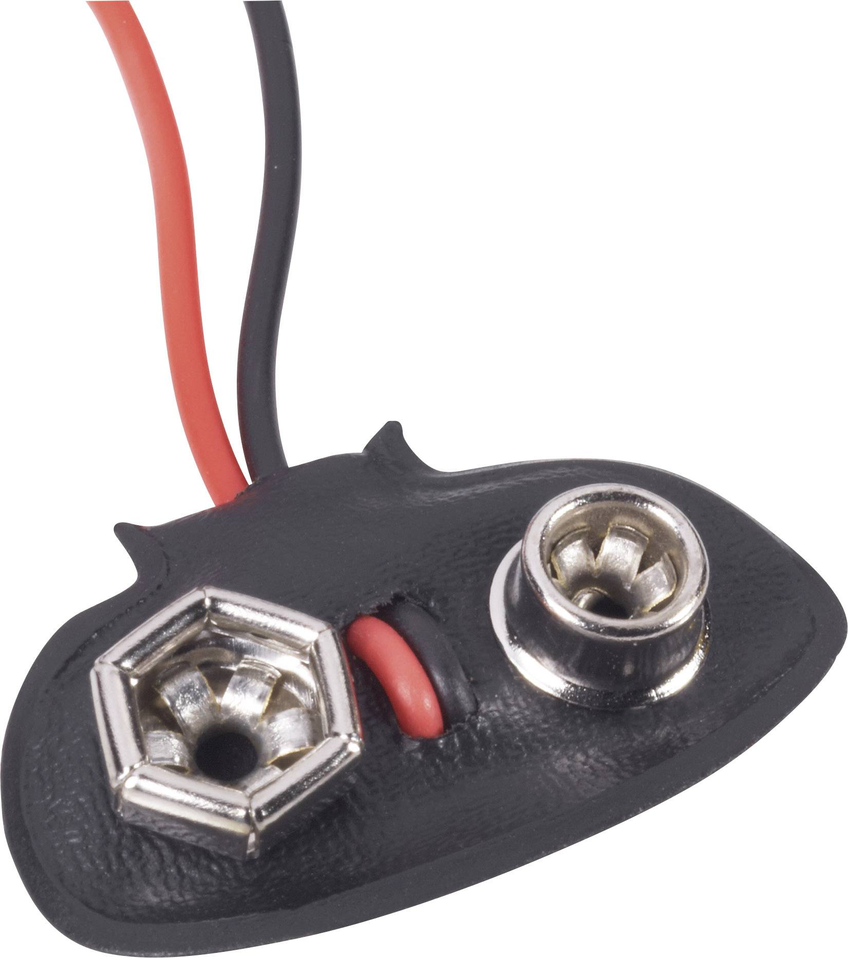 Černý 9V bateriový klip s červeným a černým vodičem, vhodný pro 9V baterie, obvykle používaný v elektronických DIY projektech.