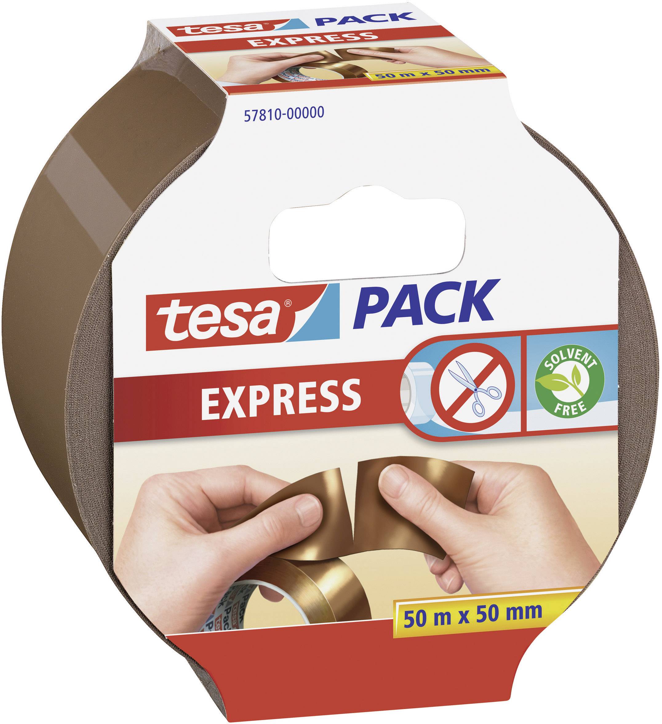 Role hnědého balicího pásku značky 'tesa PACK', označená nápisem 'EXPRESS', 'bez obsahu rozpouštědel' s rozměry 50 m x 50 mm.