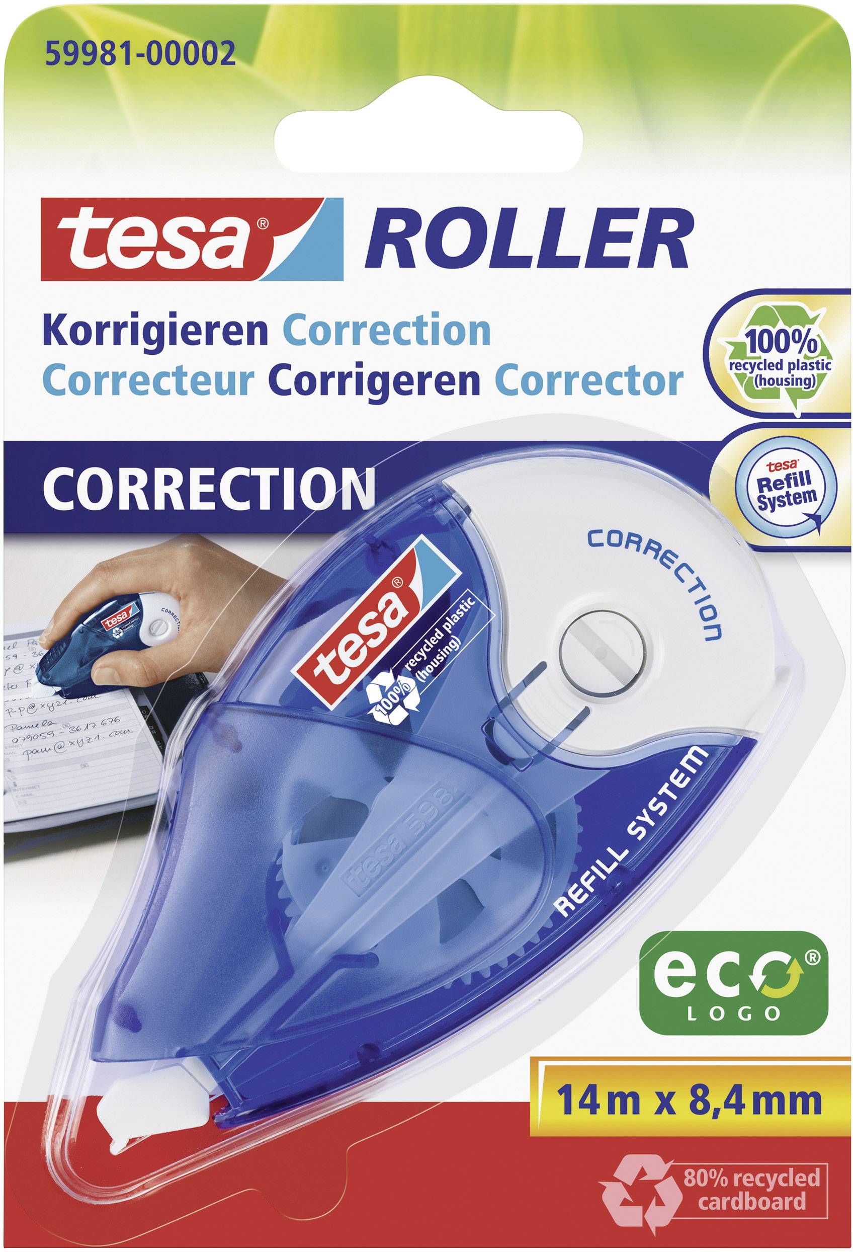 Tesa korekturní roller s ekologickým systémem náplně. Obsahuje 80% recyklovaných materiálů. Délka pásky 14m x 8,4mm.